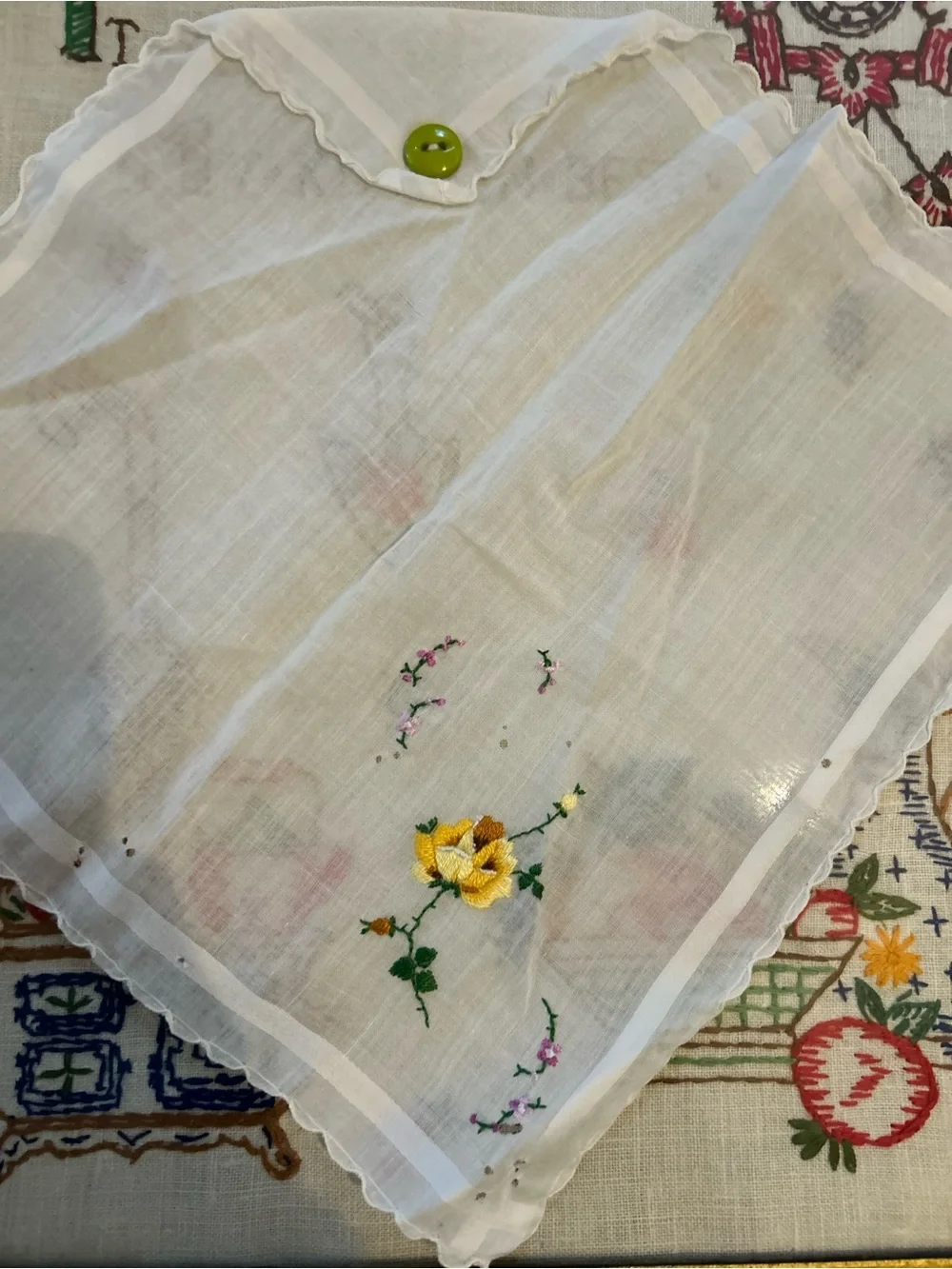 Vintage Embroidered White Cotton Handkerchief with Yellow Rose call outs